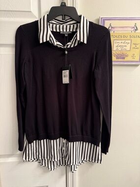 Adrianna Papell Black Sweater with Black & White Striped Shirt Details